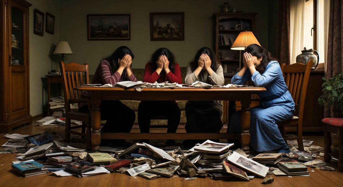 A Turkish family huddled under a sturdy wooden table in a modest living room, their hands protectively covering their heads, with fallen books and a tipped-over lamp nearby, conveying urgency and caution during an earthquake.