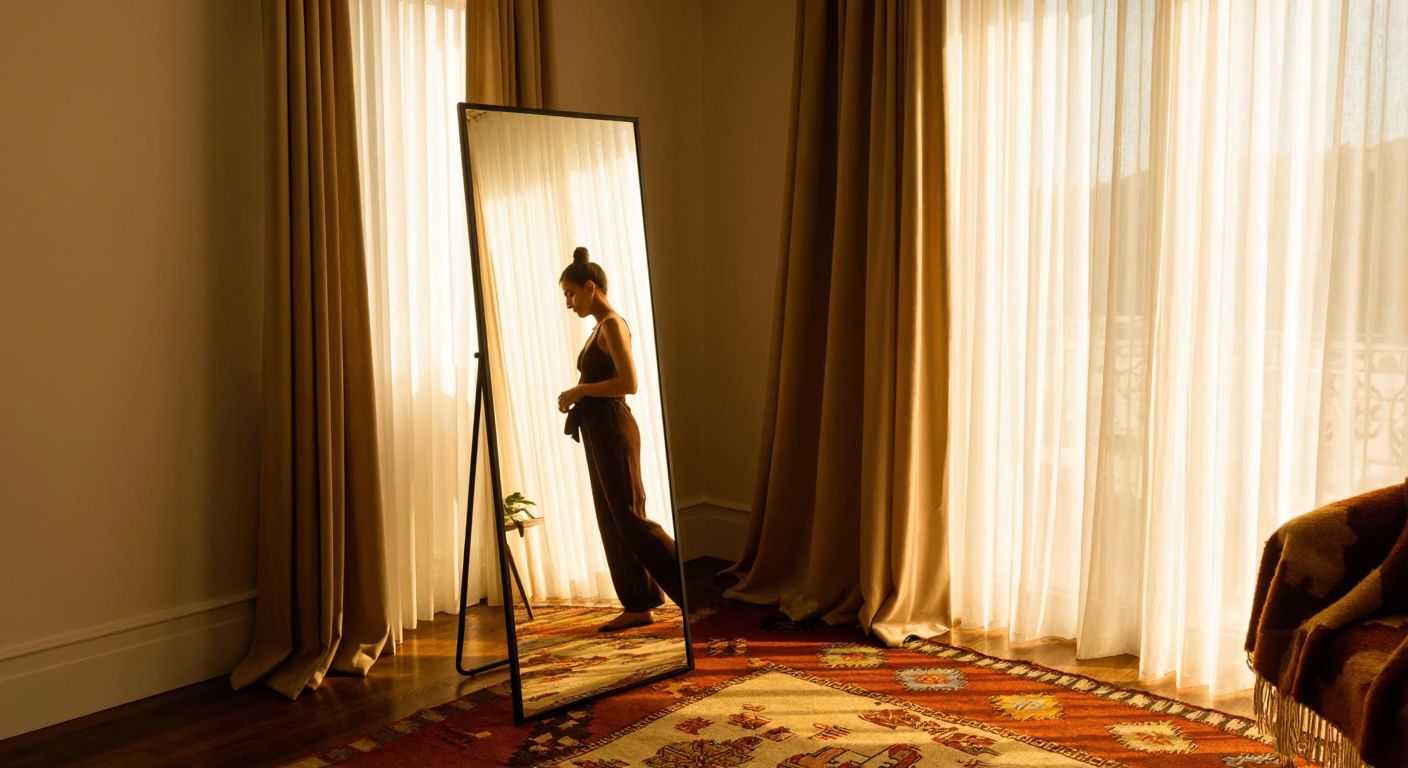 A tall, freestanding mirror in a modern Turkish home, reflecting a person adjusting their outfit, with warm sunlight streaming through sheer curtains onto a patterned kilim rug.