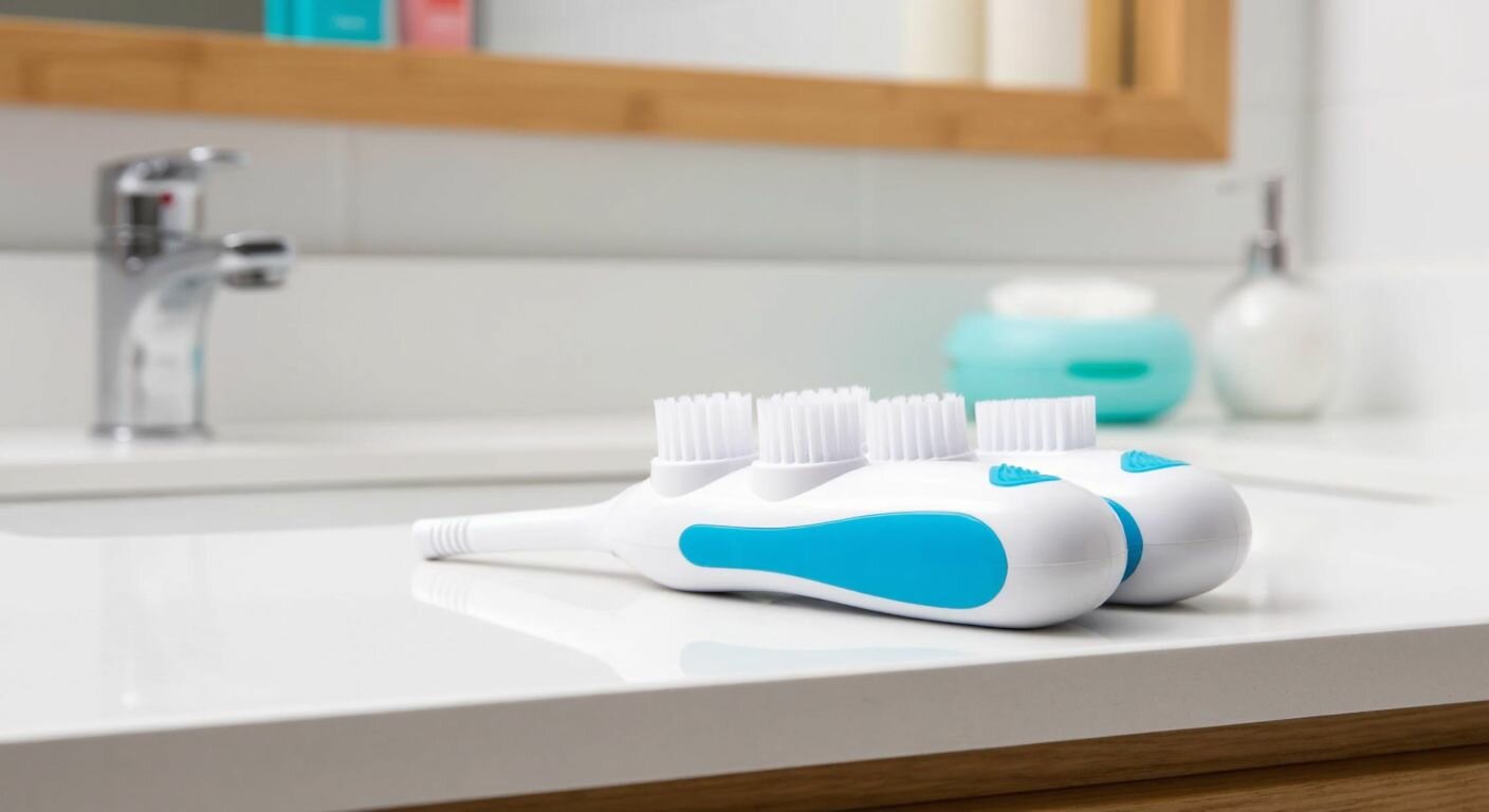 A white and blue electric toothbrush with six neatly arranged replacement heads on a clean bathroom counter.