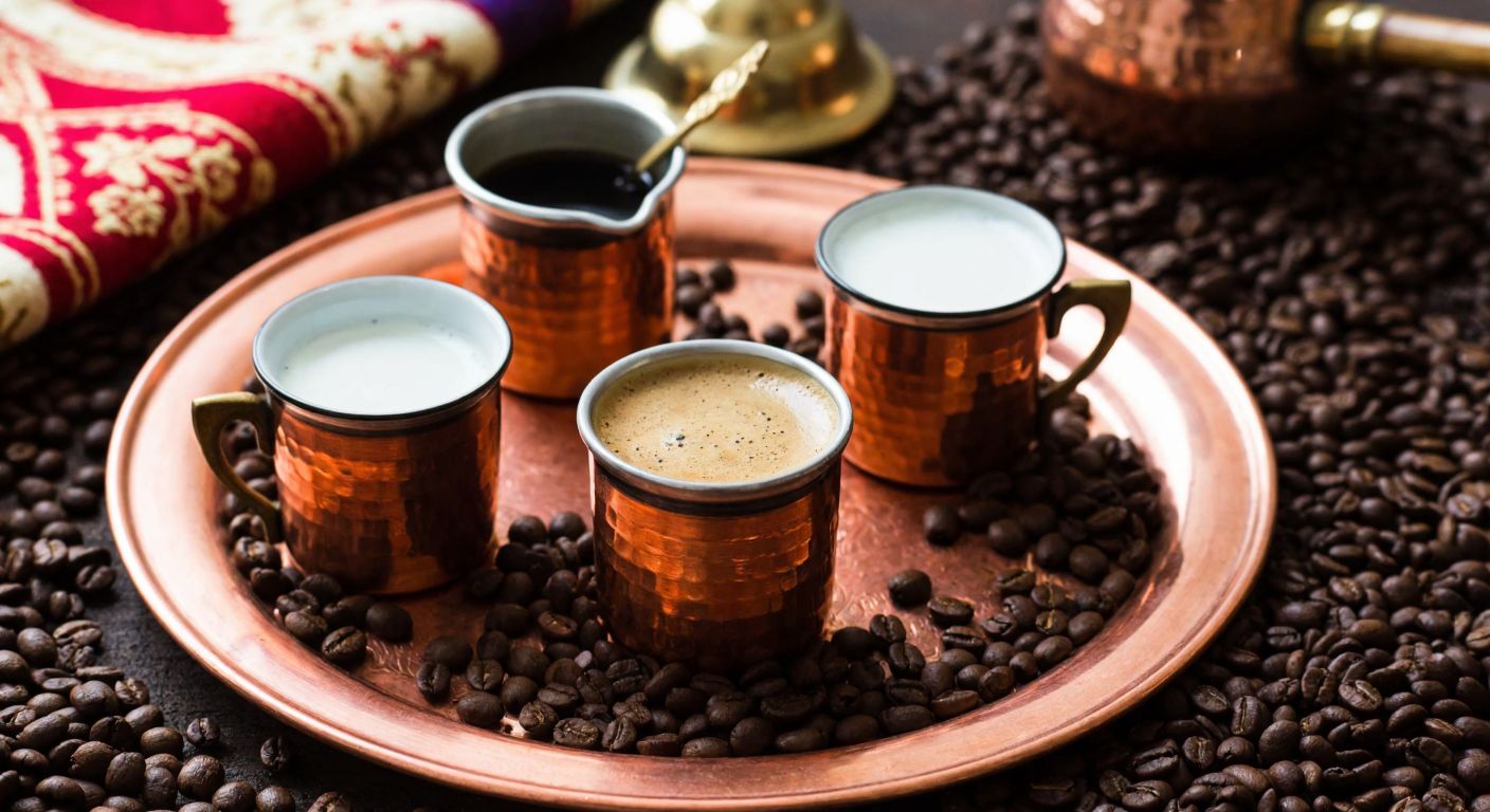 A warm Turkish coffee set with three small cups on a copper tray, each filled with Dibek, Ottoman, and Menengiç coffee, surrounded by coffee beans and a traditional cezve, evoking rich aromas and cozy hospitality.