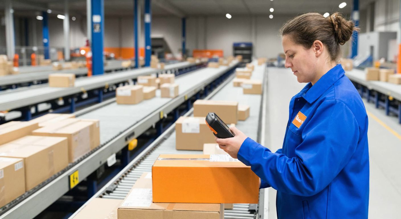 A Dutch postal worker in a bright blue PostNL uniform carefully scans a package with a handheld device while standing in a bustling sorting facility filled with parcels on conveyor belts.