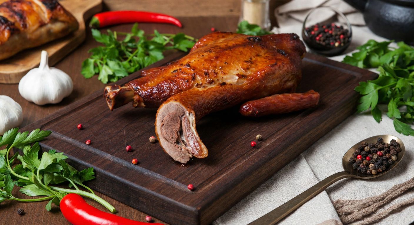 A rustic Turkish kitchen scene with a roasted duck neck placed on a wooden cutting board, surrounded by fresh herbs and spices, evoking warmth and culinary tradition.