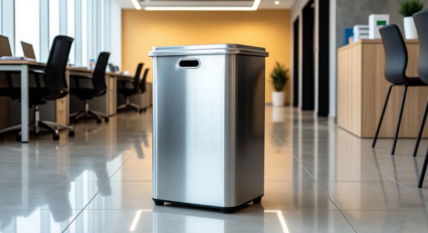 A sturdy, silver metal waste battery bin with a small opening sits on a clean, tiled floor in a bright Turkish office, surrounded by neatly placed office supplies.