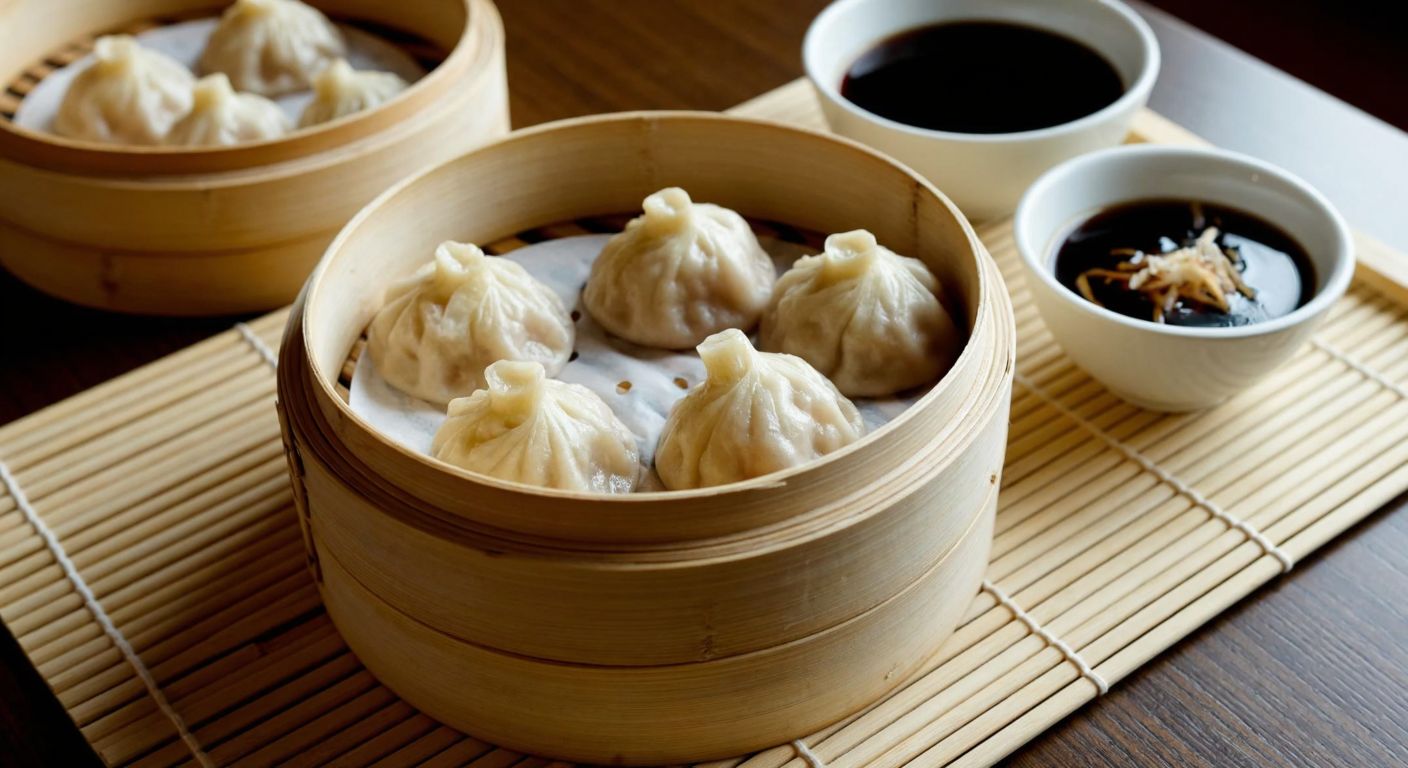 A steaming bamboo basket filled with golden-brown tangbao dumplings, their delicate pleated edges slightly translucent, resting on a woven bamboo mat beside a small ceramic bowl of dark dipping sauce with floating ginger shreds.  

(Note: Since the query and response focus on Chinese cuisine, I did not incorporate Turkish context.)