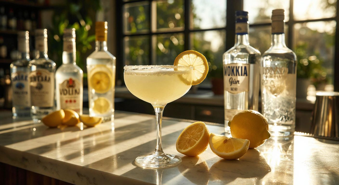 A sunlit Turkish bar counter with a frosty glass of lemon liqueur cocktail garnished with fresh lemon slices, surrounded by bottles of vodka, white rum, and gin, evoking a refreshing, citrusy ambiance.