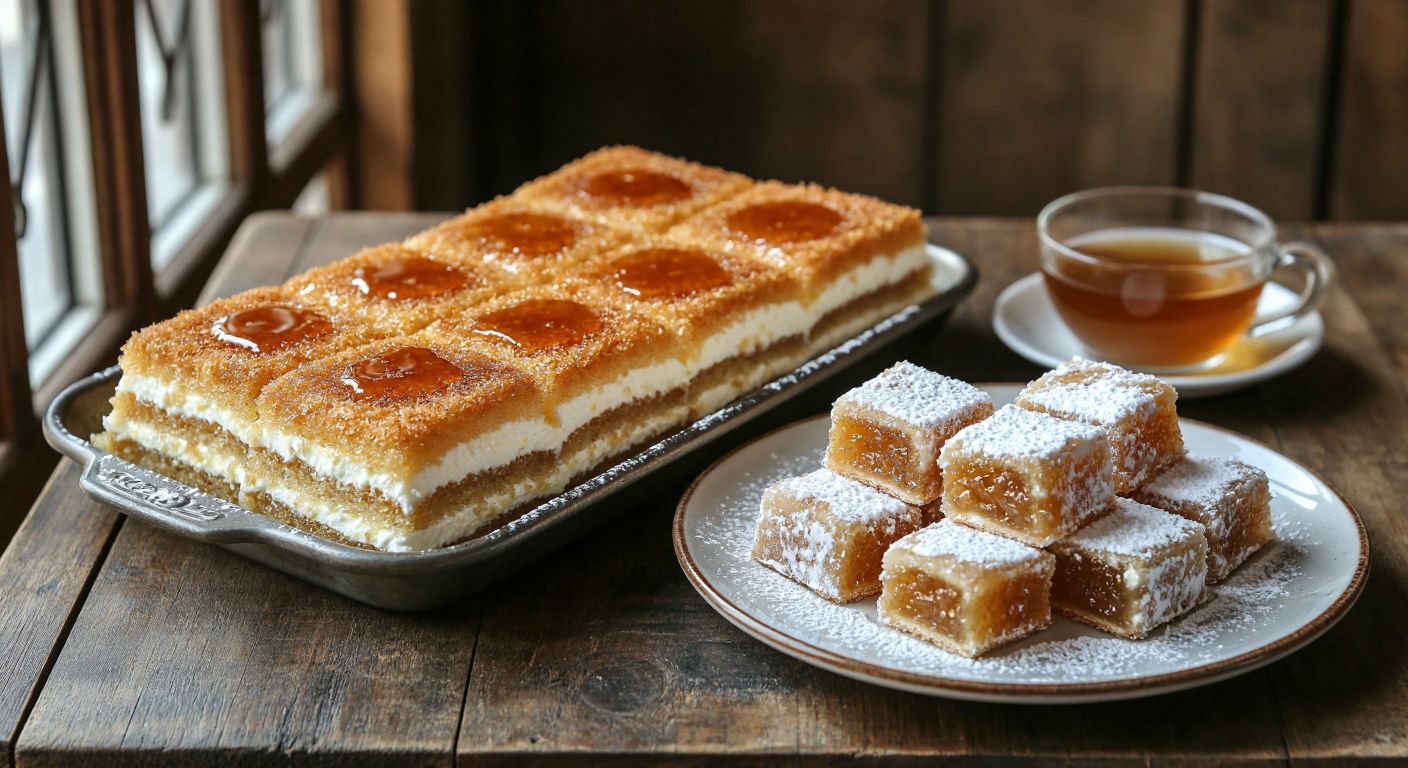 A golden-brown tray of *kaymaklı ekmek kadayıfı* layered with creamy buffalo kaymak, drizzled with syrup, placed beside a plate of delicate *Afyon lokumu* dusted with powdered sugar, all on a rustic wooden table in a traditional Turkish sweetshop.