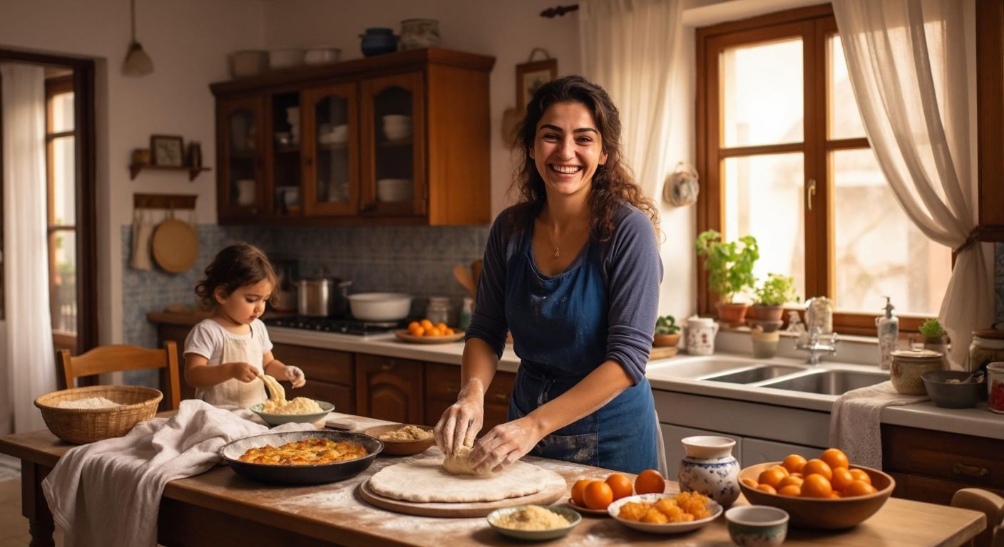 A smiling woman in a cozy Turkish home kneads dough for *börek* while a child plays nearby, surrounded by fresh laundry and a neatly arranged dining table.