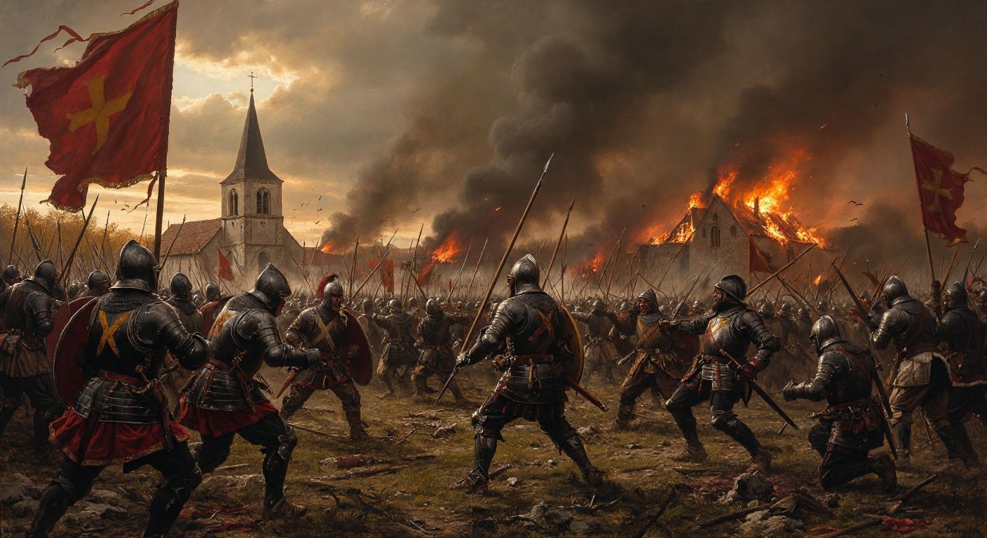 A dramatic battlefield scene in 17th-century Europe, with armored soldiers clashing under tattered banners, their faces etched with exhaustion and fervor, while a burning church looms in the smoky background.