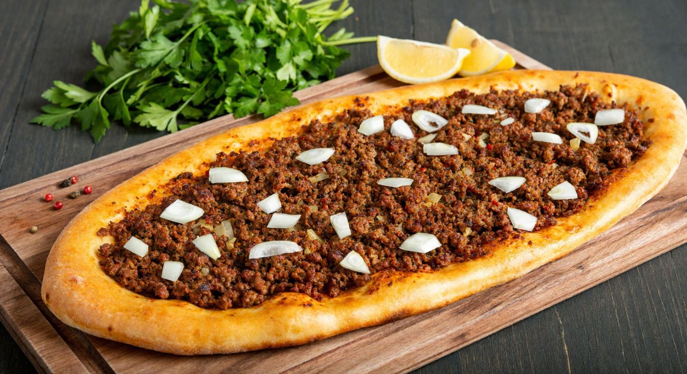 A golden-brown Urfa lahmacun with a thick, soft crust, topped generously with minced lamb, diced onions, and dark red isot pepper, served on a rustic wooden tray alongside fresh parsley and lemon wedges.