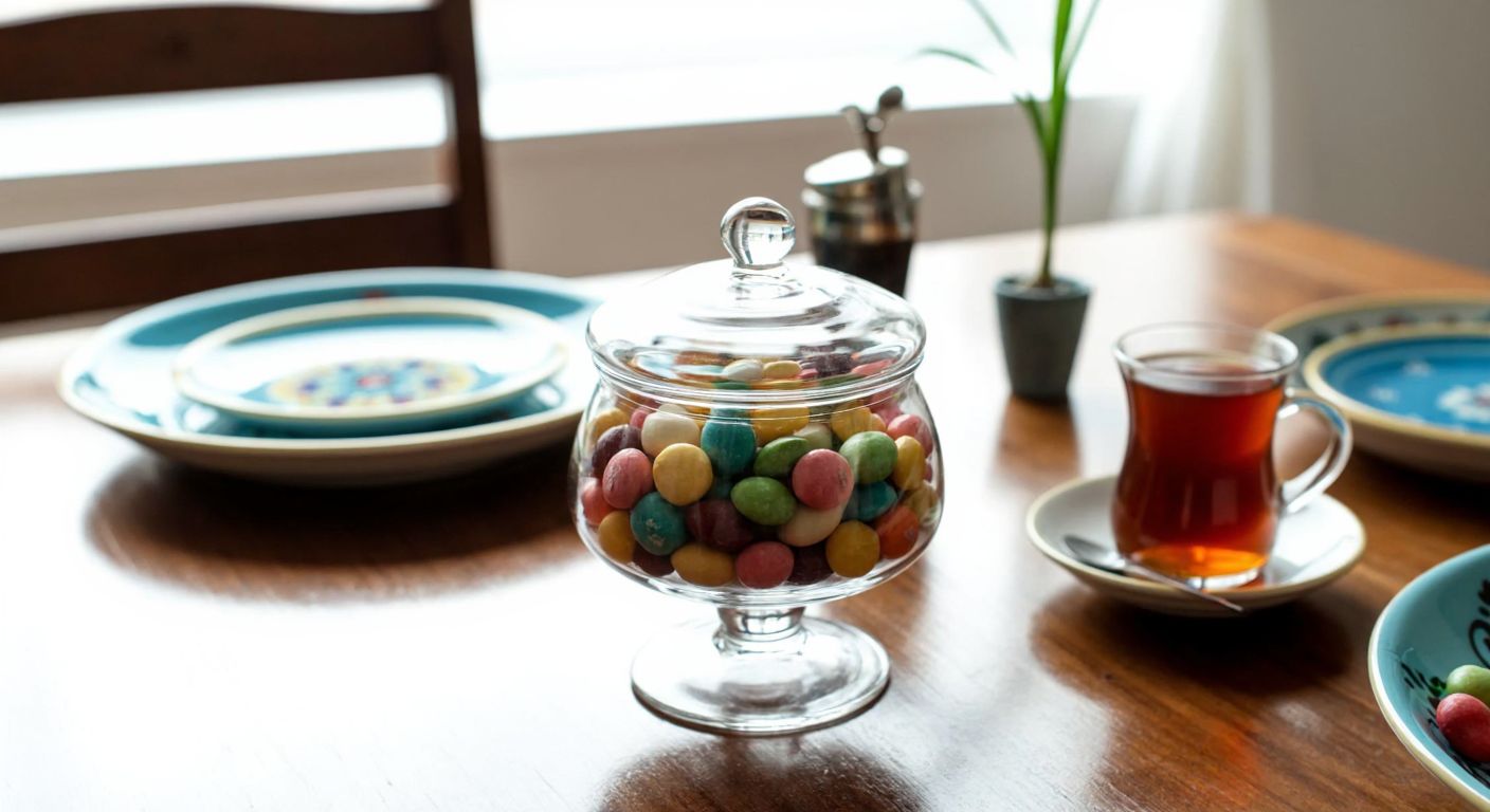 A clear glass sugar bowl filled with colorful candies sits on a wooden dining table in a cozy Turkish home, surrounded by decorative ceramic plates and a steaming cup of tea.