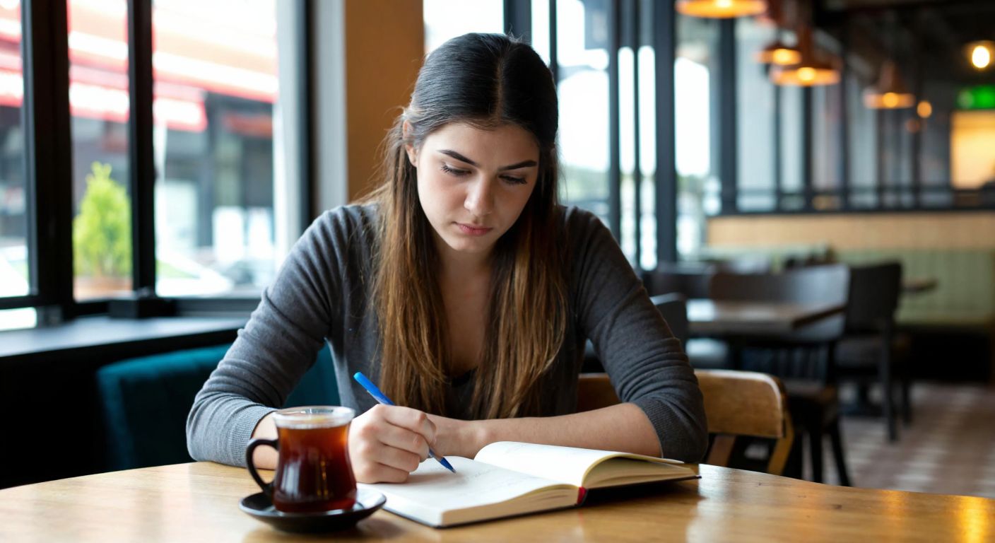 A determined young woman in a modern Turkish café, intently studying a notebook with a steaming cup of Turkish coffee beside her, exuding focus and ambition.