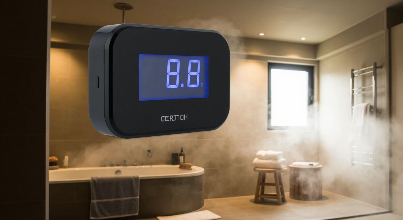 A sleek digital thermometer with a large, illuminated display floats above a warm, steamy bathtub surrounded by soft towels and a wooden stool in a cozy Turkish bathroom.