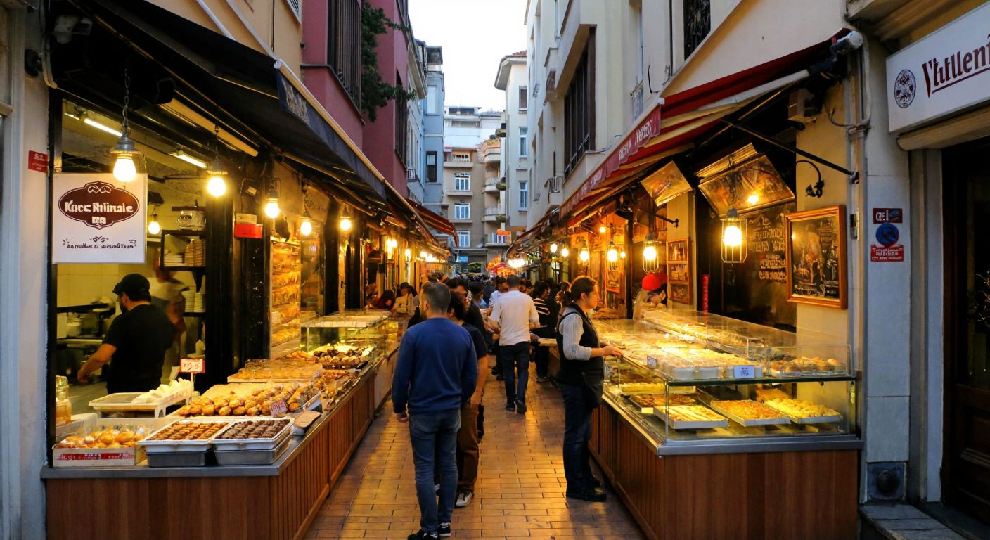 A bustling street in Kemeraltı, İzmir, with two cozy pastry shops—one nestled in Hisarönü’s narrow alley and another in Alsancak—where trays of creamy *kazandibi* and golden *lokma* glisten under warm lights, surrounded by locals chatting happily.