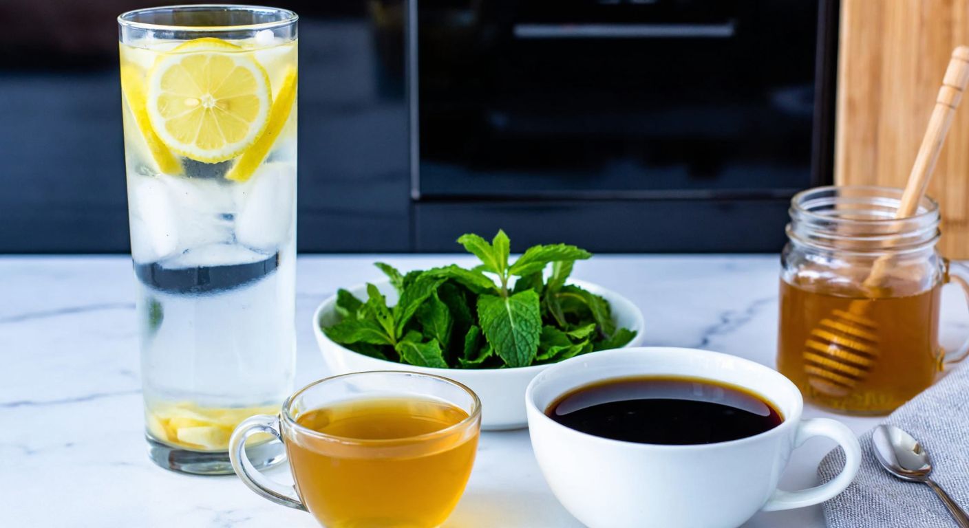 A Turkish kitchen counter with a tall glass of water infused with lemon slices, a steaming cup of green tea, and a small cup of black coffee, arranged neatly beside a bowl of fresh mint leaves and a jar of honey.
