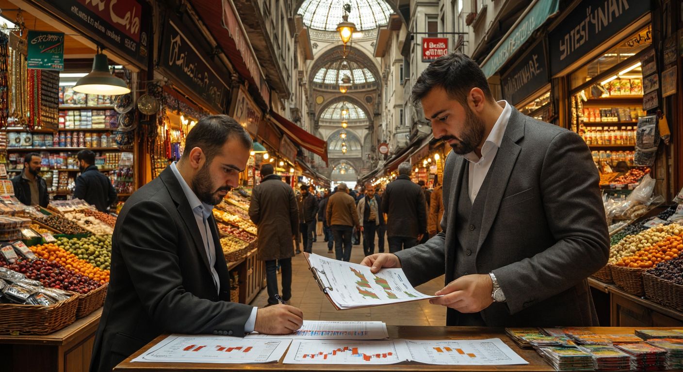 A confident Turkish trader in a bustling Istanbul bazaar intensely studies market charts while another investor calmly evaluates a diverse portfolio of high-risk assets.