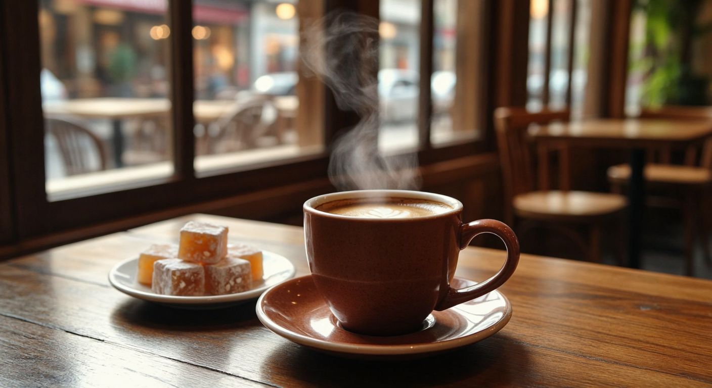 A warm ceramic cup of smooth, lightly aromatic filter coffee sits on a wooden table in a cozy Turkish café, with steam gently rising and a small plate of Turkish delight beside it.