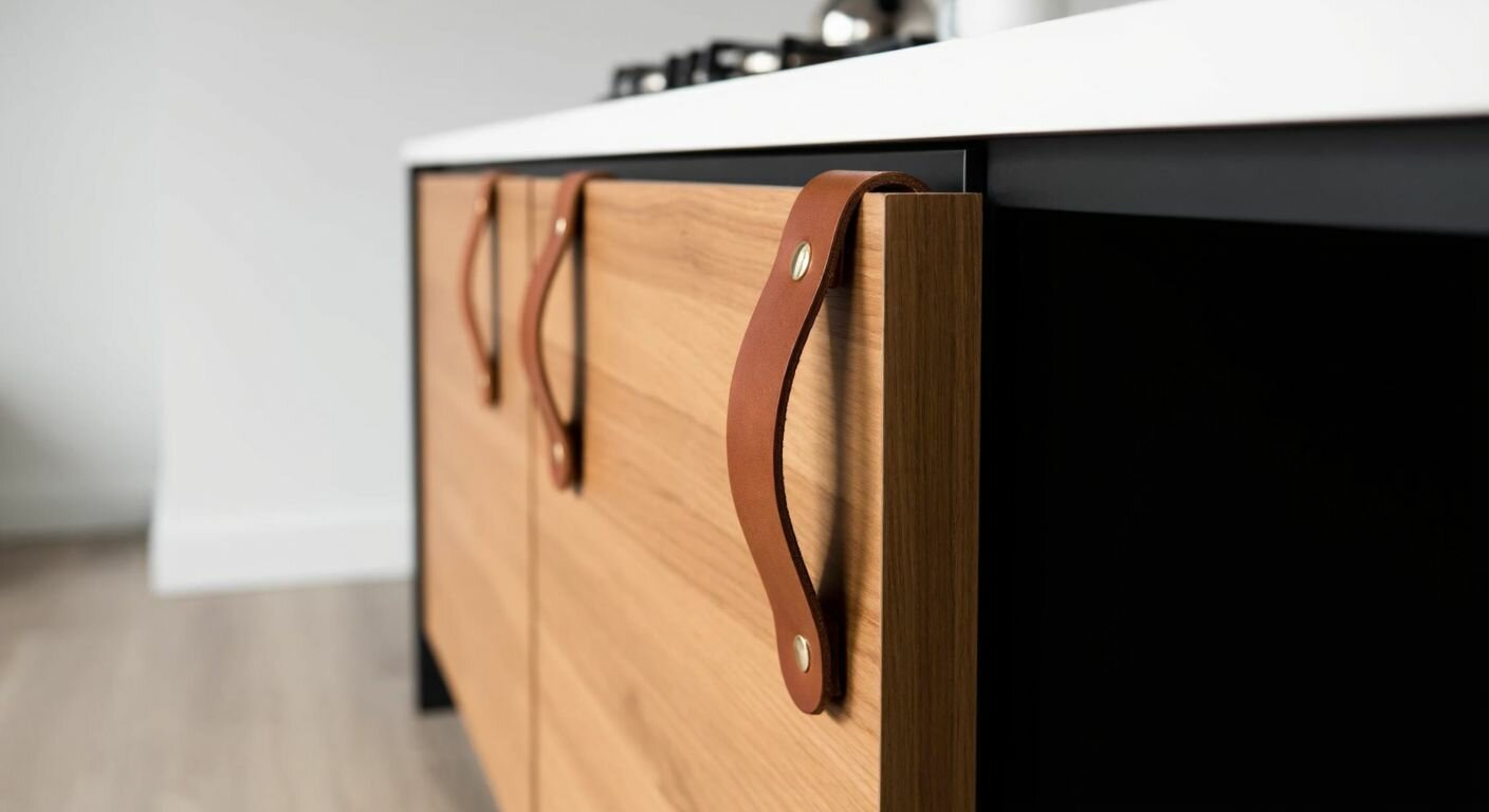 A close-up of a sleek wooden cabinet with smooth brown leather handles, set against a minimalist modern kitchen backdrop in a Turkish home.