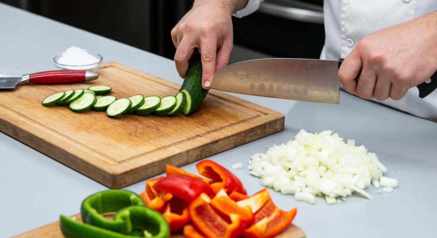 A Turkish kitchen counter with a chef's hand thinly slicing cucumbers on a wooden board next to a pile of roughly chopped onions and peppers.