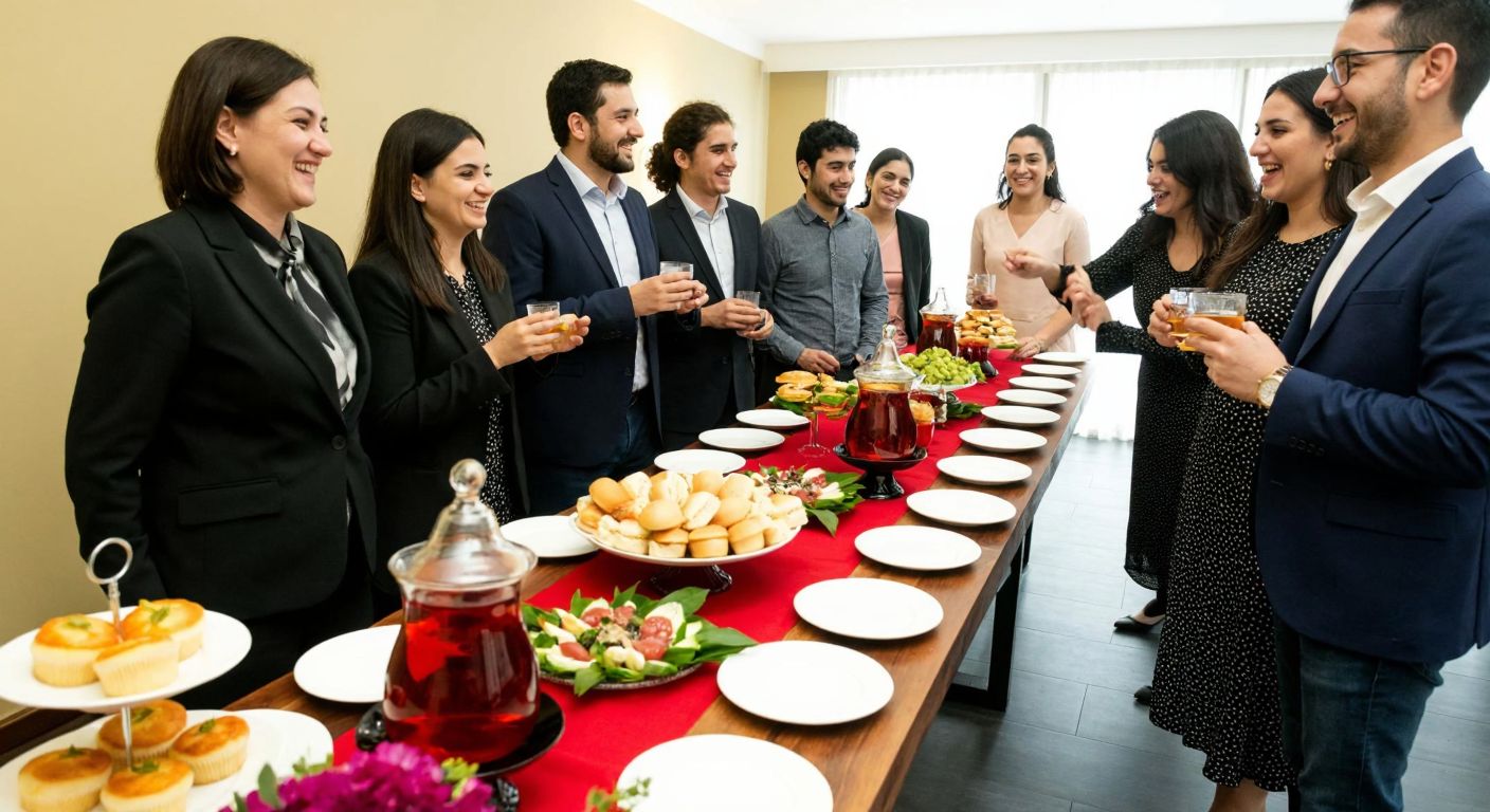A vibrant Turkish opening ceremony scene with a long table adorned with mini sandwiches, cupcakes, çay in tulip-shaped glasses, and a colorful meze platter, surrounded by smiling guests in smart-casual attire.