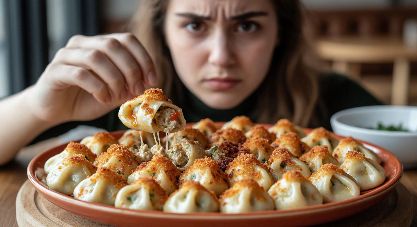 A close-up of a plate of Turkish manti with discolored, slimy dumplings next to a fresh, golden-brown portion, with a hand hesitating to pick one up while a concerned face peers over the plate.