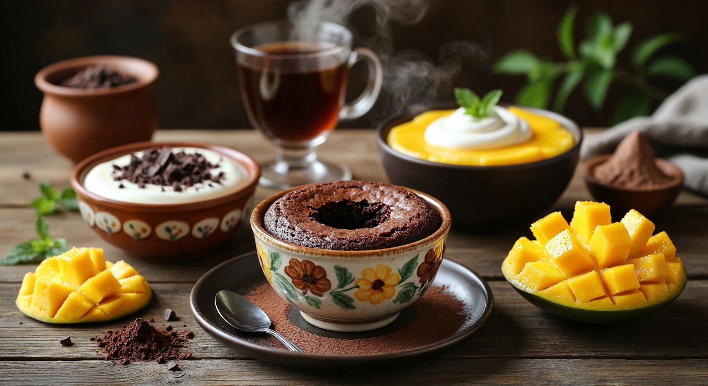 A warm Turkish kitchen with a steaming microwave brownie in a small ceramic dish, a creamy fincan tatlısı in a glass cup, and a vibrant mango dessert in a colorful bowl, all set on a wooden countertop with scattered ingredients like yogurt, cocoa, and mango slices nearby.