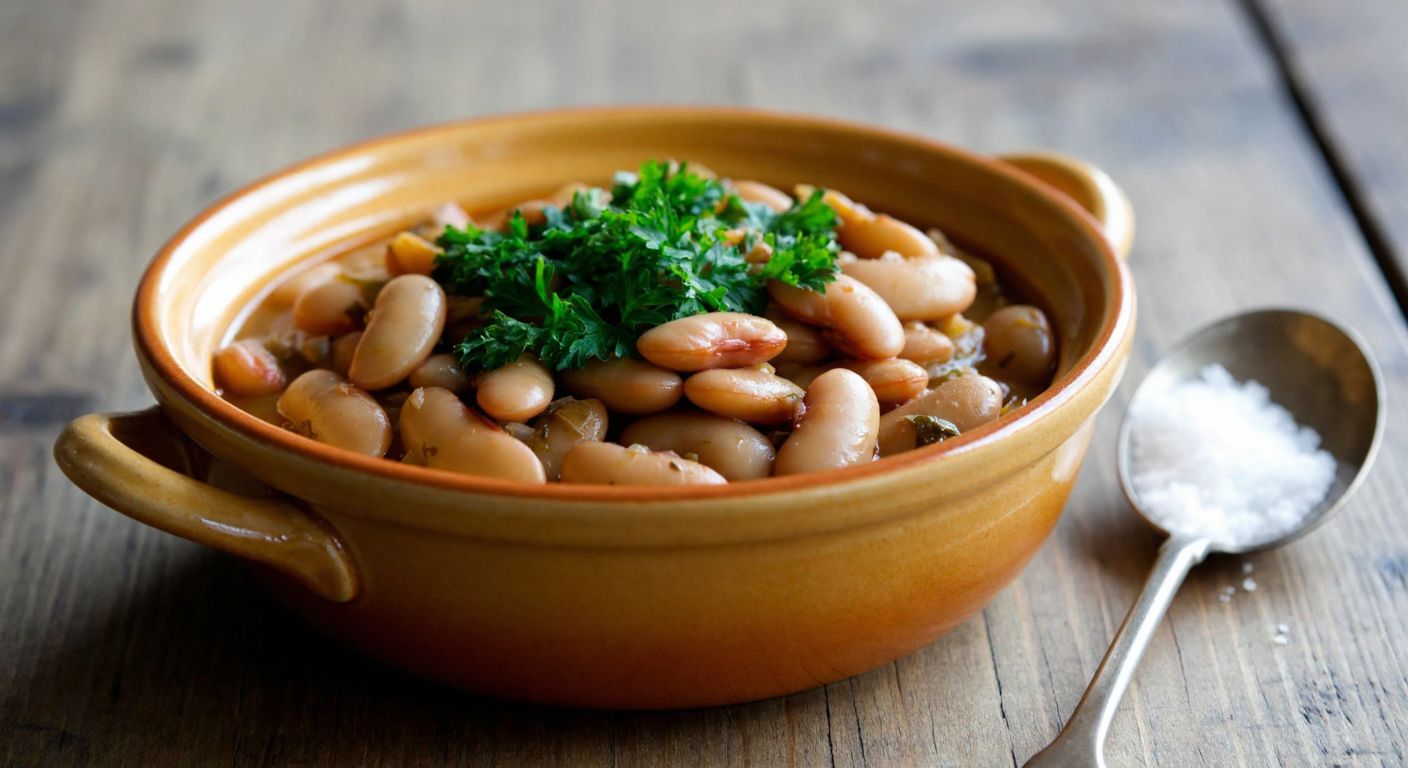A warm, golden-hued ceramic bowl filled with tender olive oil-braised borlotti beans, garnished with fresh parsley, resting on a rustic wooden table with a small spoon of sugar beside it, evoking a cozy Turkish kitchen.