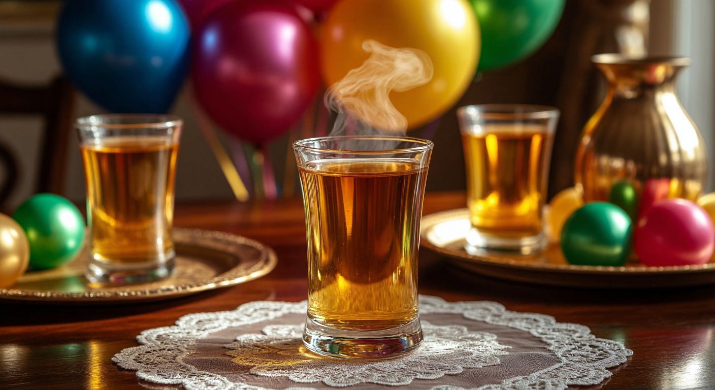 A sleek, double-walled golden glass filled with steaming Turkish tea sits on a lace doily, reflecting warm light, while a vibrant party table in the background holds similar shimmering cups next to colorful balloons.