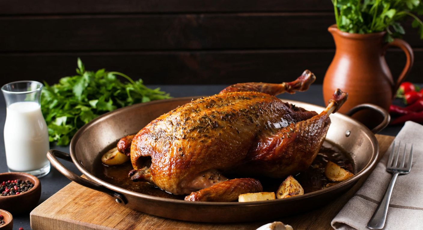 A rustic wooden table in a cozy Turkish kitchen holds a sizzling bronze pan of roasted wild duck, its crispy golden skin glistening with aromatic spices, surrounded by fresh herbs and a clay pitcher of ayran.