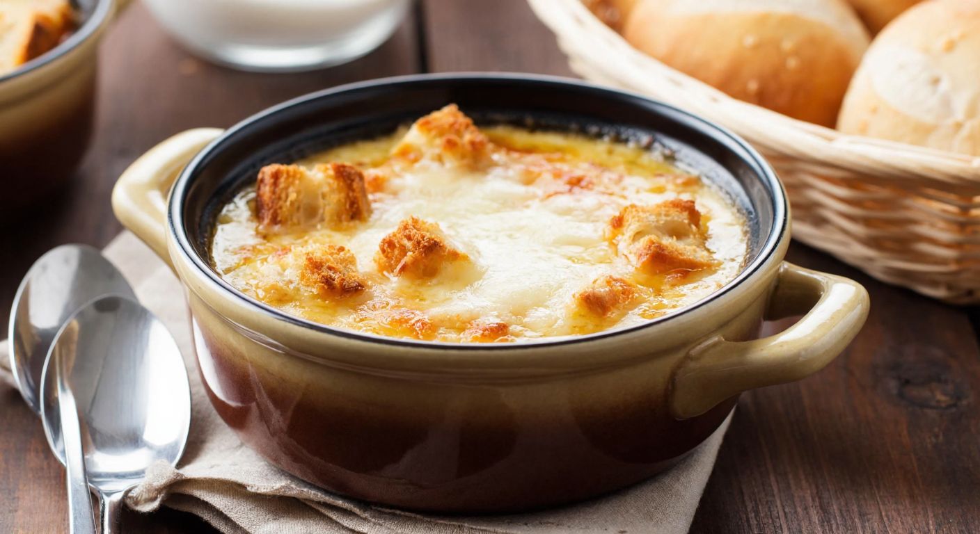 A steaming bowl of golden onion soup topped with melted cheese and crispy croutons, placed on a rustic wooden table beside a basket of fresh bread, evoking warmth and comfort in a cozy Turkish kitchen.