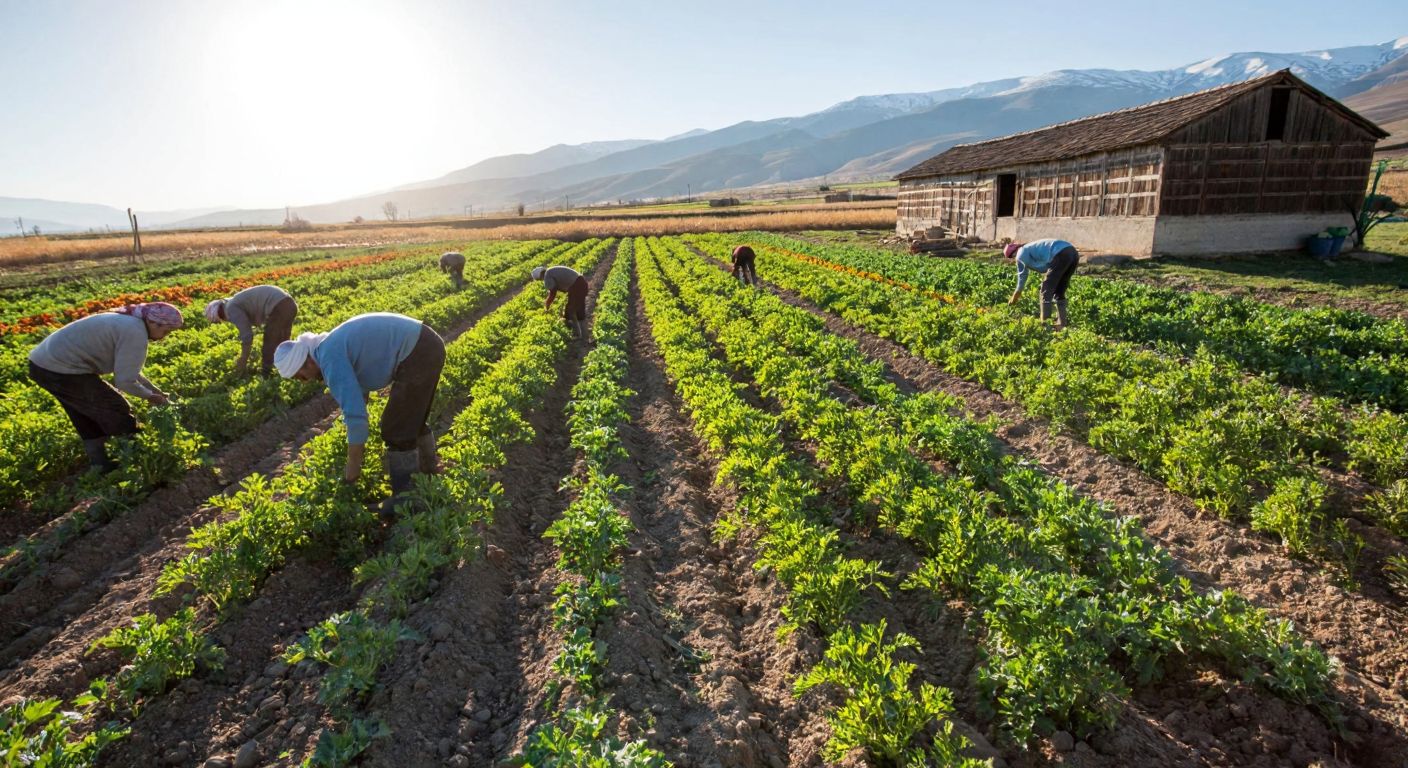 A sunlit field in Niğde with rows of vibrant organic crops, farmers in traditional Turkish workwear tending to the plants, and a rustic wooden barn in the background, symbolizing sustainable agriculture.
