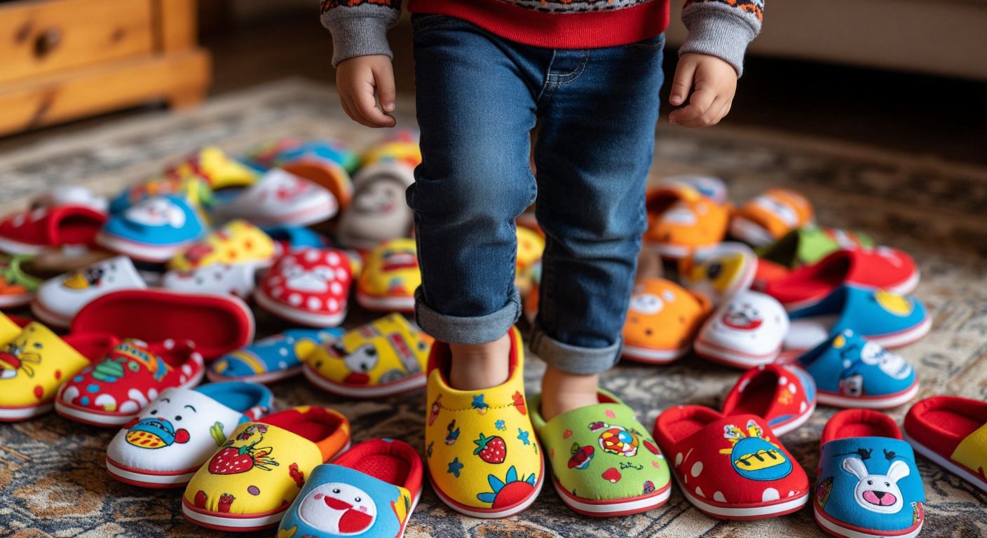 A smiling Turkish child happily stepping into a pair of bright, cushioned slippers with a non-slip sole, surrounded by scattered colorful slippers of various playful designs.