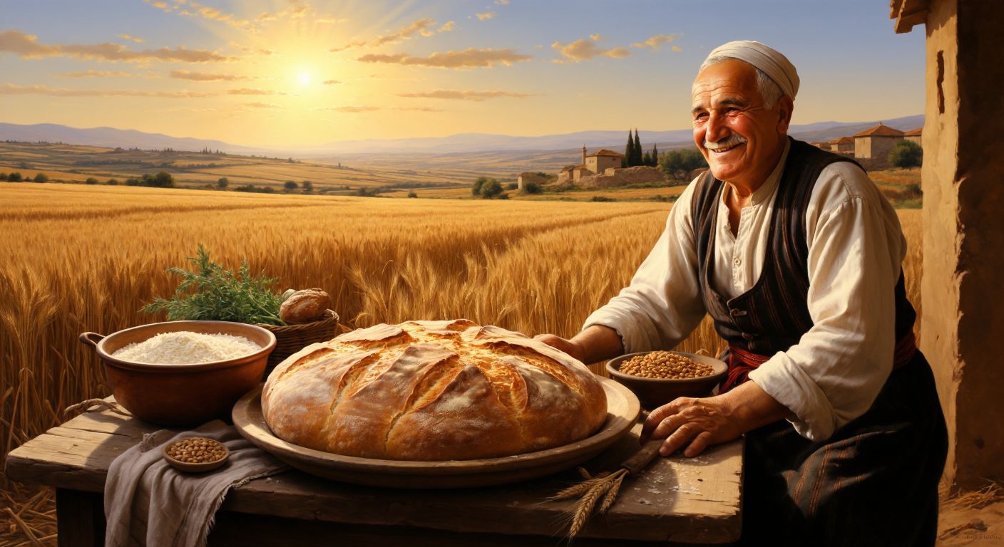 A warm, golden-brown loaf of Mende bread sits on a wooden table in a rustic Uşak village, surrounded by wheat fields under a bright sun, with a smiling elderly baker in traditional Turkish attire nearby.