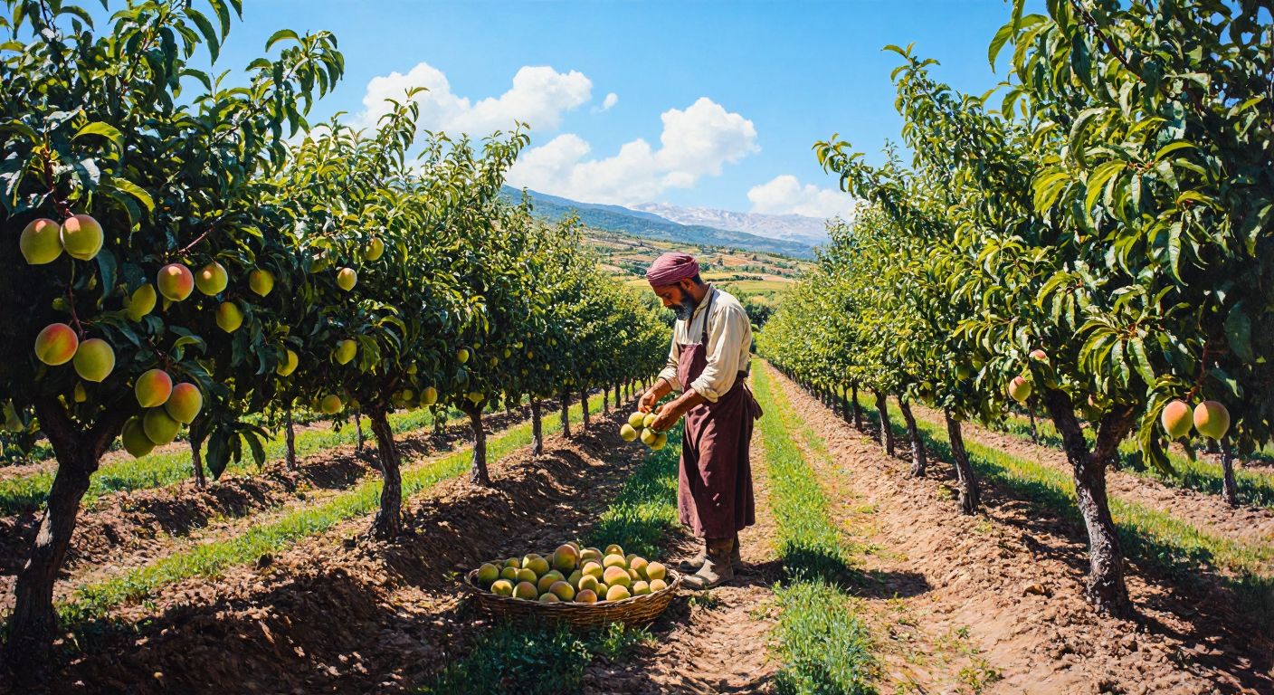 A sunlit Turkish village orchard with rows of lush kivi vines and ripe peach trees, where a farmer in traditional attire carefully picks fruit under a clear blue sky.