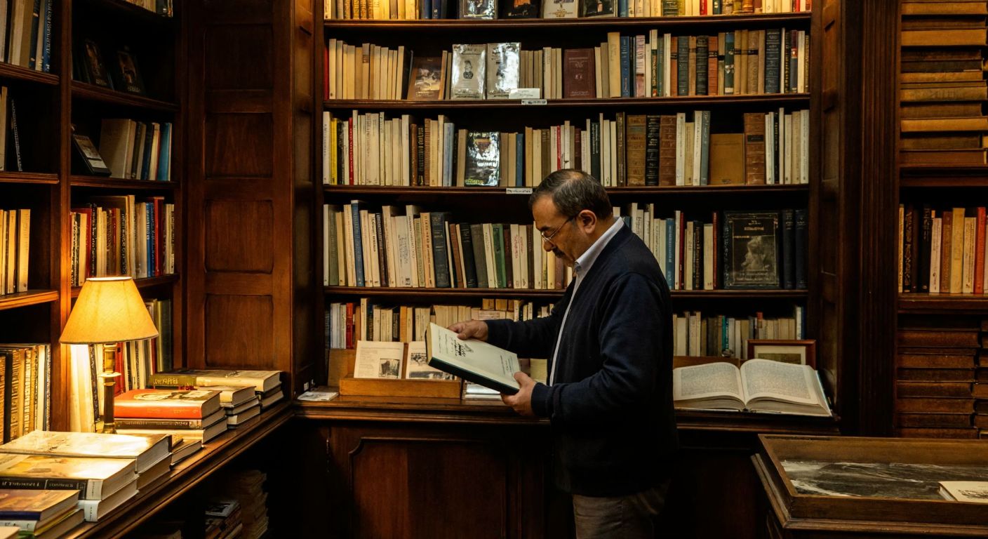 A cozy, dimly lit antique bookstore in Istanbul with wooden shelves stacked high with old books, a warm lamp glowing on a counter, and a middle-aged Turkish man with glasses thoughtfully organizing a rare book.