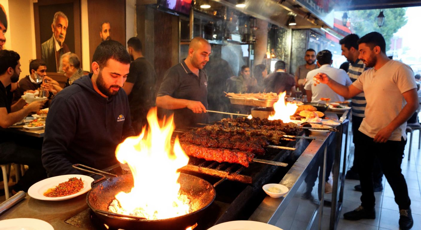 A bustling Adana kebab restaurant with a sizzling skewer of Gül Kebap over glowing embers, surrounded by eager diners and the aroma of spices filling the air.