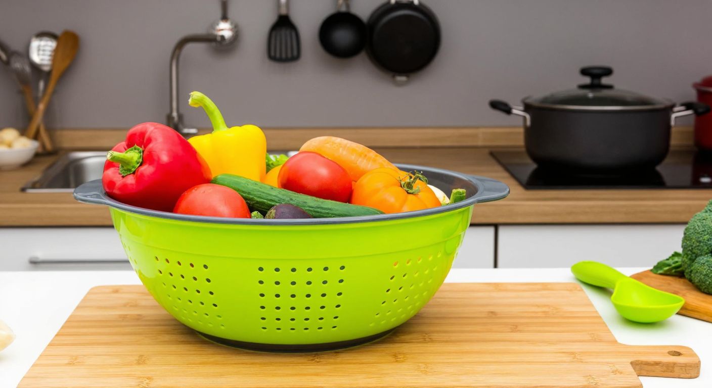 A vibrant Turkish kitchen with a green plastic colander bowl (süzgeçli badya) filled with fresh vegetables, placed on a wooden counter alongside other cooking utensils.