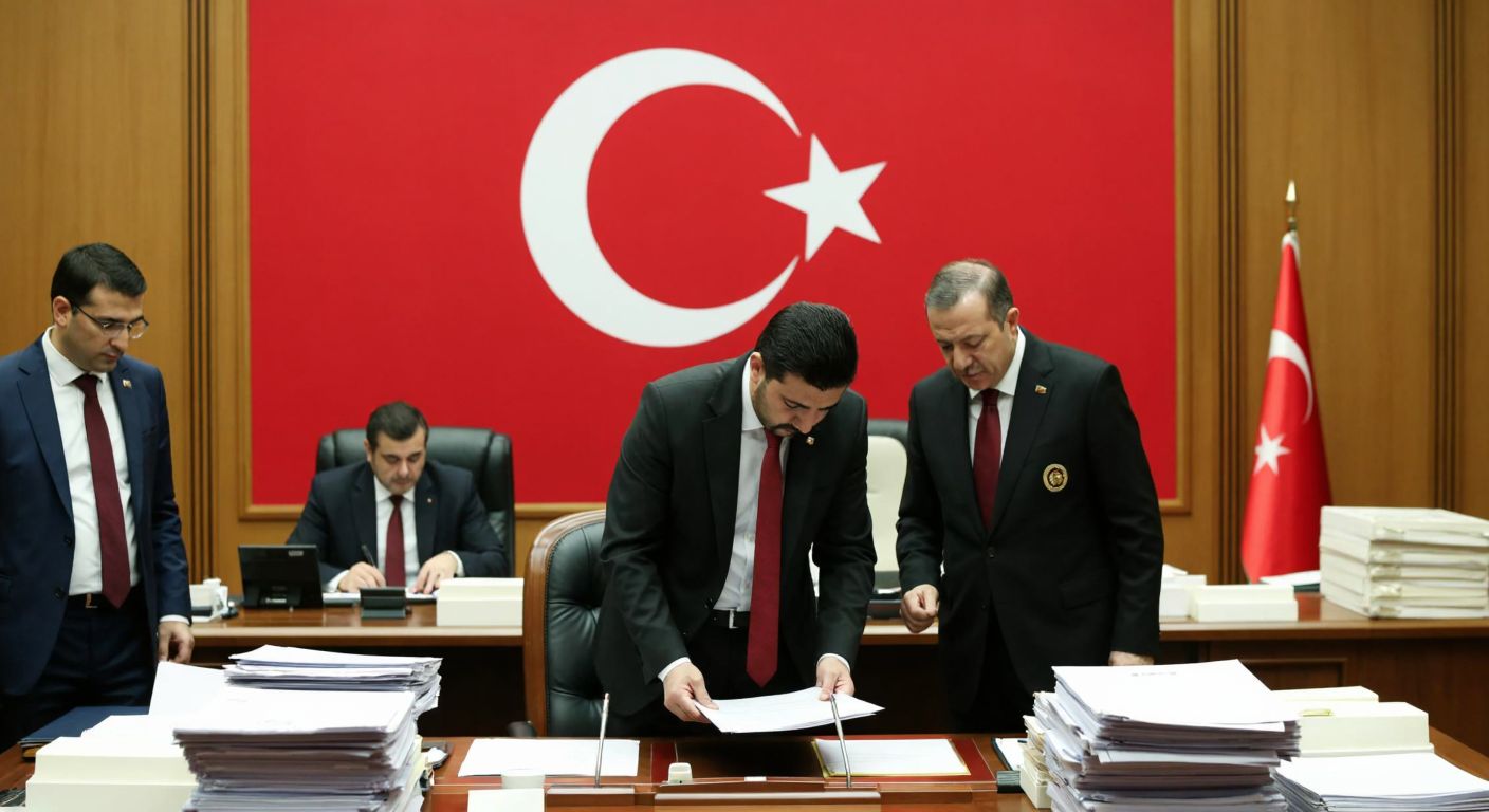 A solemn government office in Ankara with Turkish officials in formal attire reviewing budget documents, surrounded by stacks of files and a large Turkish flag in the background.