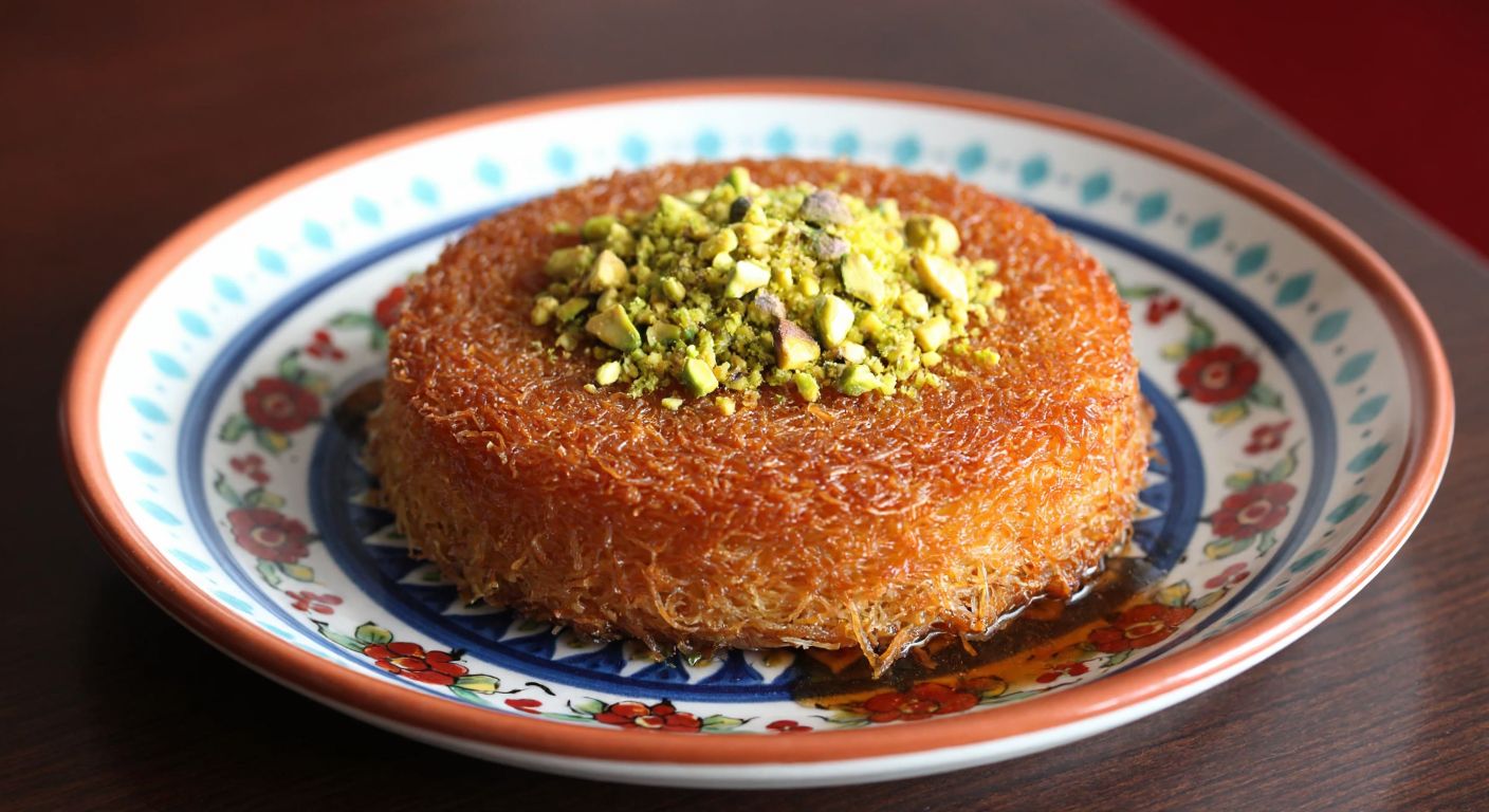 A warm, golden-brown glutensiz kadayıf made with rice flour, garnished with crushed pistachios and drizzled with syrup, resting on a traditional Turkish ceramic plate.