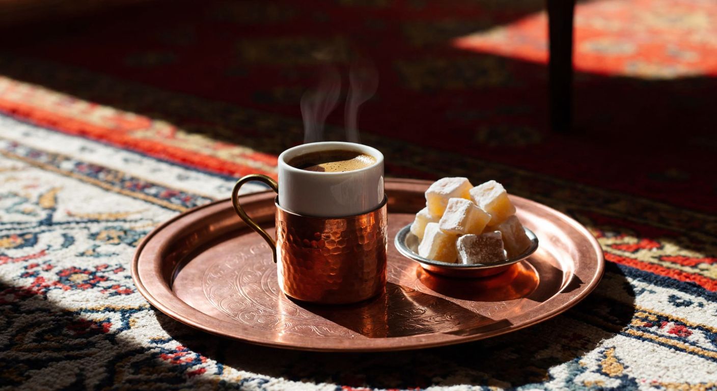 A steaming cup of Turkish coffee on a copper tray with a side of lokum, placed on a traditional woven rug in a sunlit Ottoman-style room.