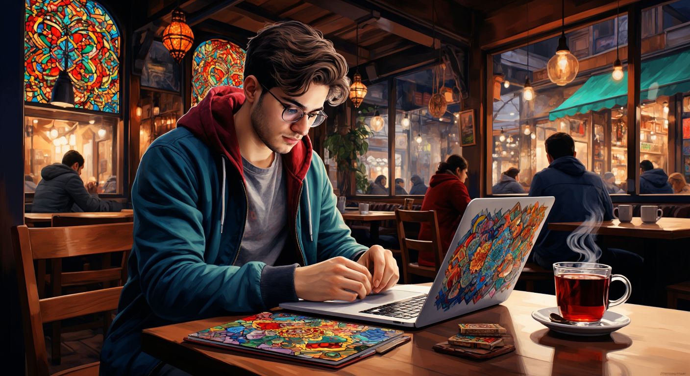 A focused young adult in a cozy Turkish café, eyes scanning a vibrant puzzle book with colorful patterns, while a laptop displaying abstract shapes sits beside a steaming cup of çay.