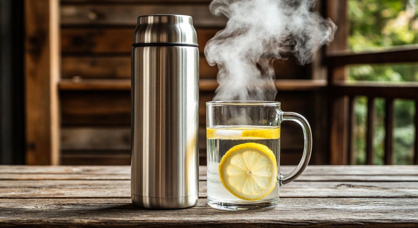 A shiny stainless steel thermos and a transparent glass thermos sit side by side on a rustic wooden table, with steam rising from the steel one and a fresh lemon slice floating inside the glass one.