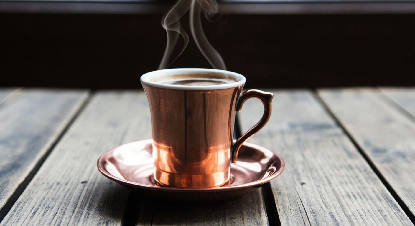 A gleaming copper-lined porcelain coffee cup with a matching saucer, placed on a rustic wooden table in a cozy Turkish café, steam rising from the dark, aromatic coffee inside.