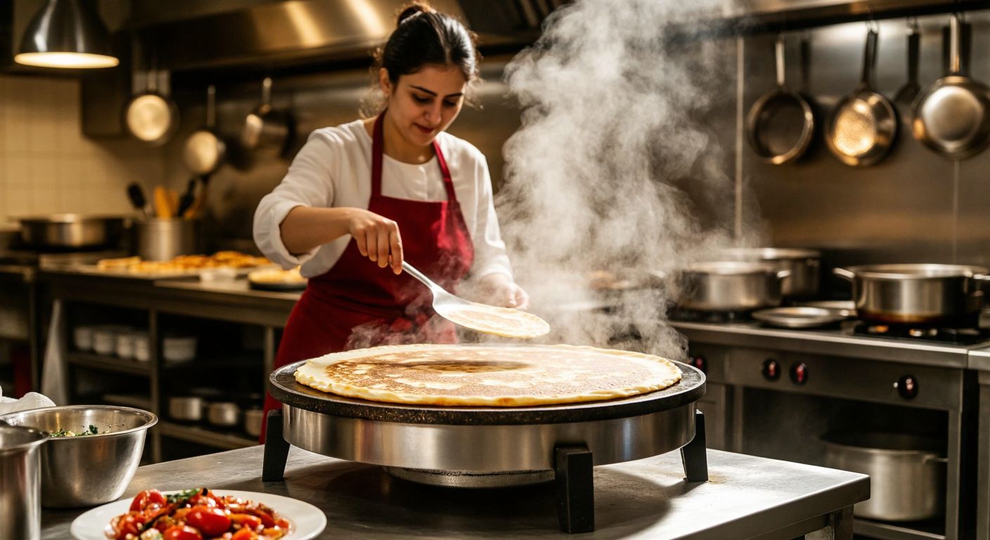 A stainless steel gözleme stove with a round cooking surface, placed in a bustling Turkish kitchen where a woman in a traditional apron skillfully flips a golden gözleme on the griddle, steam rising from the savory pastry.