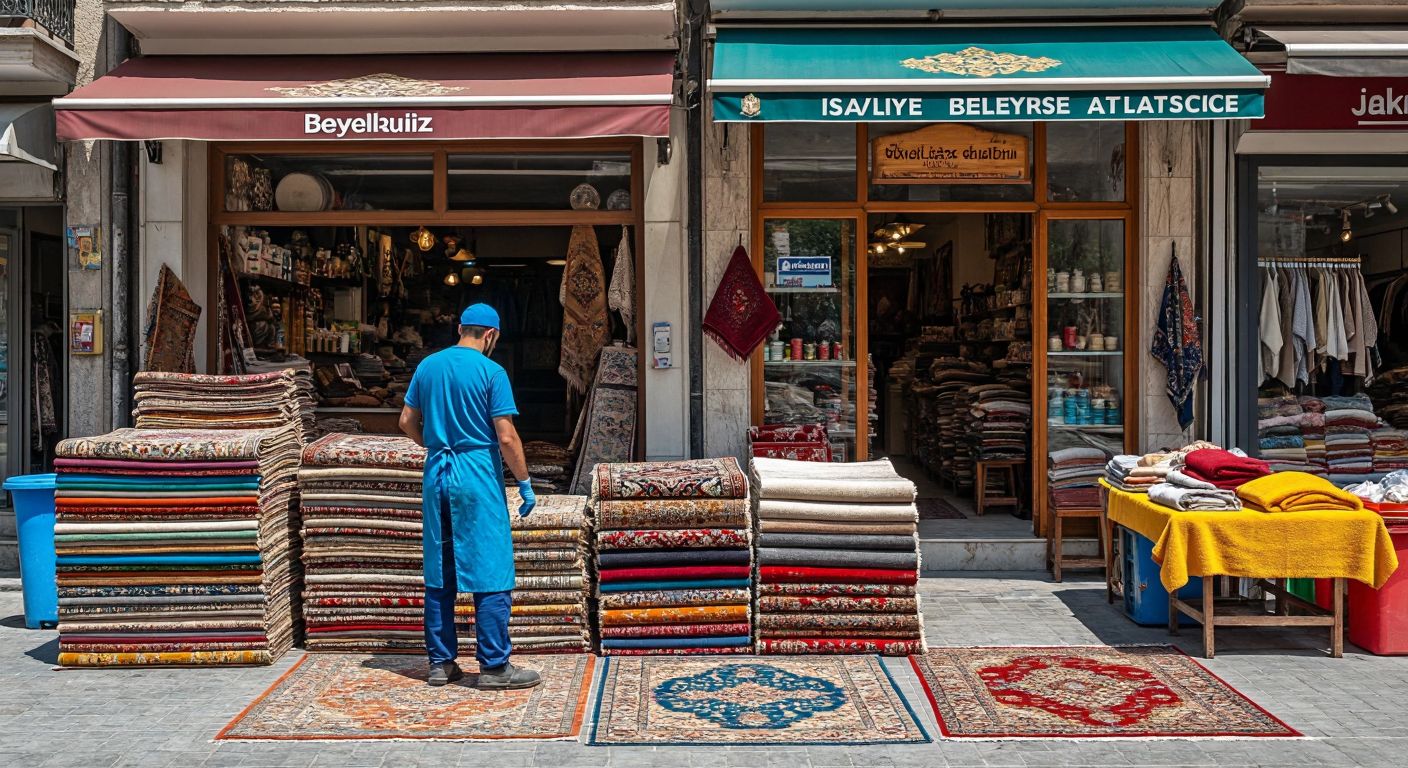 A vibrant street scene in Istanbul with two distinct storefronts—one in Beylikdüzü with a neatly stacked pile of clean rugs outside, and another in Esenyurt with workers in blue aprons carefully washing carpets, both shops bustling with customers under a bright sun.