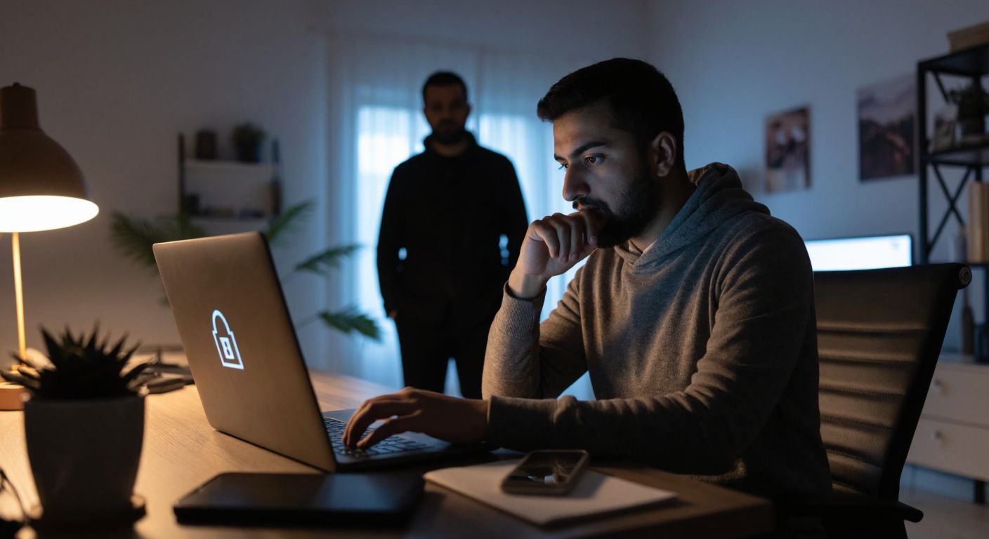 A Turkish person in a modern home office, thoughtfully browsing a laptop with a secure lock icon glowing on the screen, while a shadowy figure lurks in the blurred background, symbolizing both trust and risk in cryptocurrency.