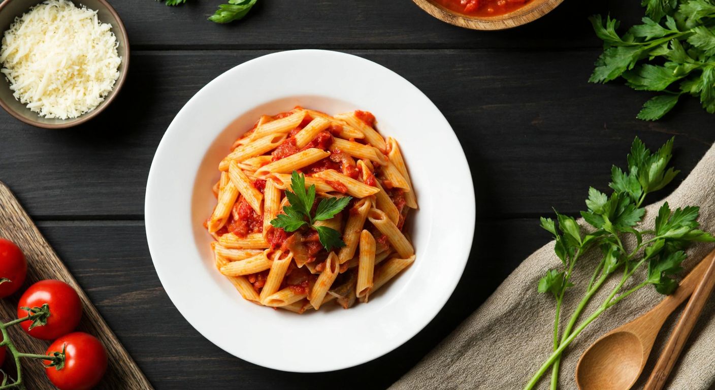 A steaming plate of tomato-sauced pasta sits on a rustic wooden table in a Turkish kitchen, surrounded by fresh herbs and a bowl of grated cheese, evoking warmth and appetite.
