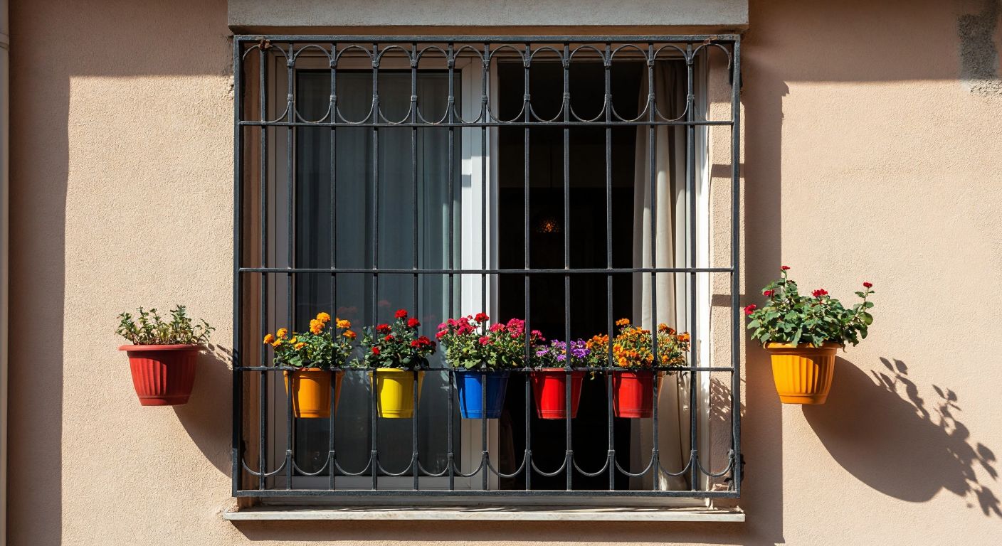 A sturdy, curved iron grille mounted on a ground-floor window in a Turkish apartment, with colorful flower pots resting on its outward bulge, while a shadowy figure hesitates outside, unable to reach through the gaps.