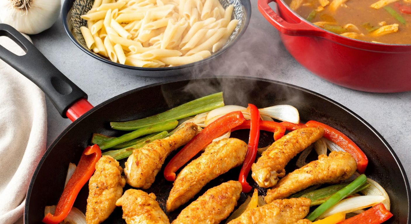 A vibrant Turkish kitchen scene with golden-brown chicken strips sizzling in a pan alongside colorful sliced peppers, onions, and green onions, with a bowl of buttery noodles nearby and steam rising from the dish.