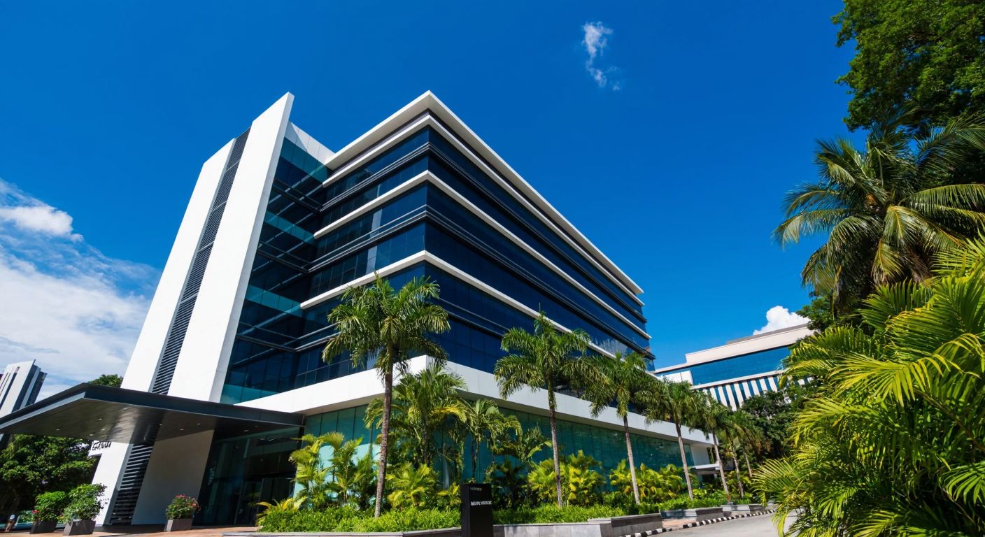 A modern office building in Kuala Lumpur with a sleek glass facade, surrounded by lush tropical greenery, under a bright blue sky.