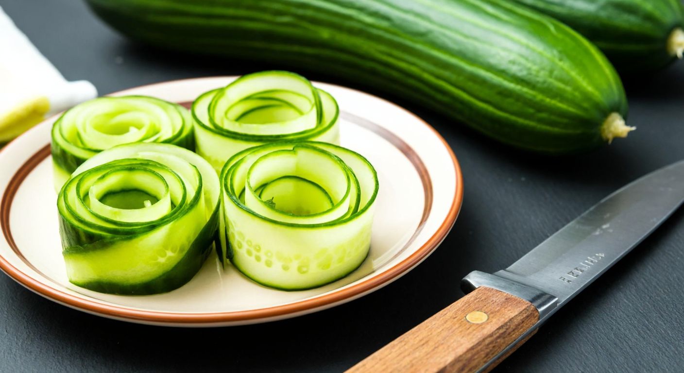 A vibrant Turkish kitchen counter with fresh cucumbers being skillfully carved into delicate ribbons, flower shapes, and spiral decorations, arranged neatly on a ceramic plate beside a sharp paring knife.